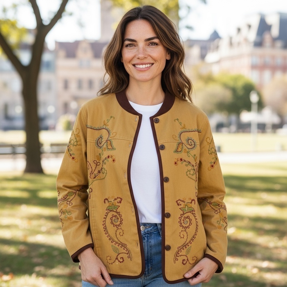 Denim & Co beige Denim Duck barn jacket Paisley embroidery Cottagecore XL - Picture 1 of 10